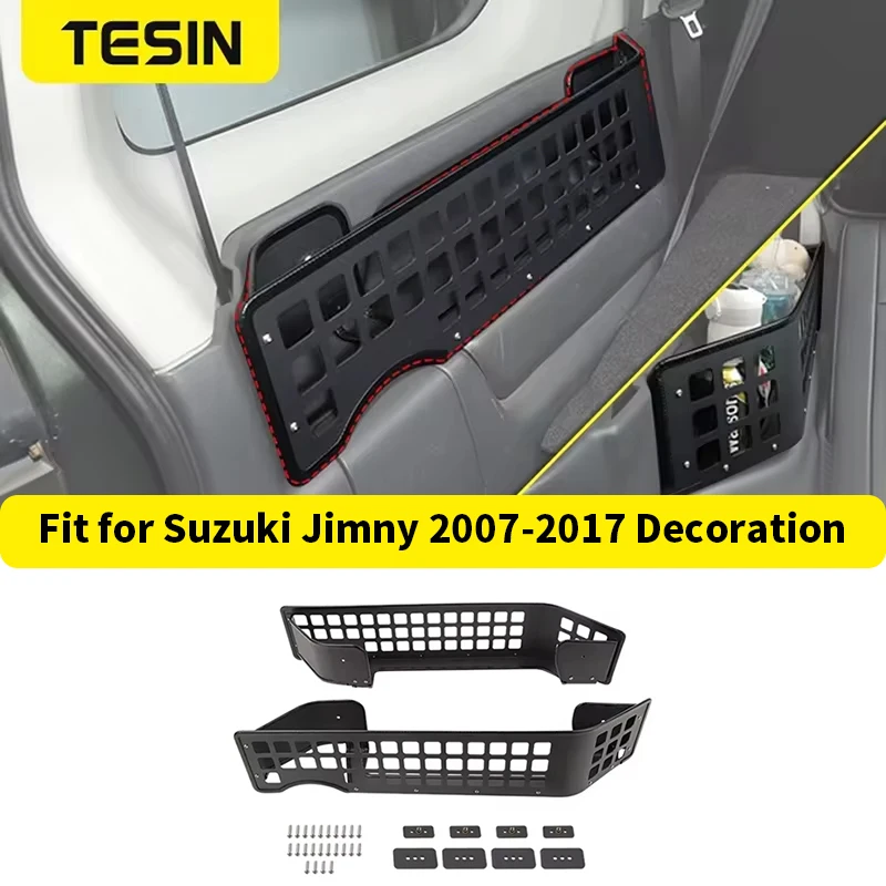 Aluminum Trunk Side Rack Storage Box for Suzuki Jimny TESIN 1 Black aluminum trunk side rack storage box mounted in the rear cargo area of a Suzuki Jimny
