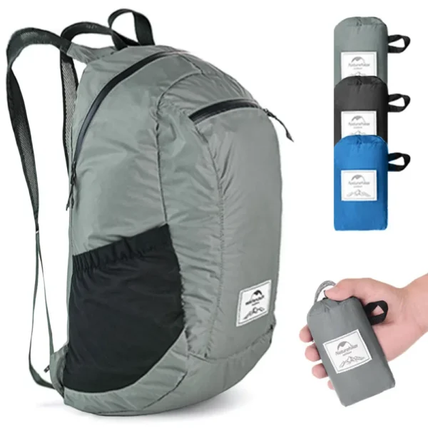 Foldable travel backpack in blue nylon shown unfolded next to its compact packed size