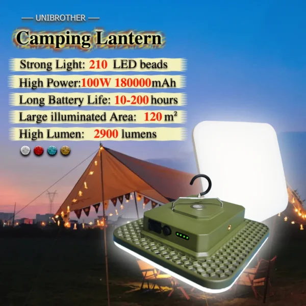 Rechargeable camping lantern in khaki stuck by its magnets to a car door at a campsite