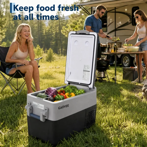 53QT dual zone car fridge open in the back of an SUV, filled with drinks and food
