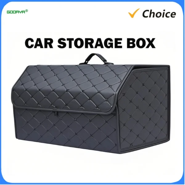 Car trunk tool organizer box open in a sedan trunk holding tools and cleaning supplies