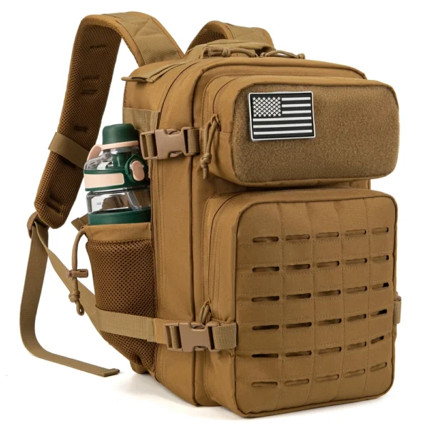 Tactical gym backpack in black with MOLLE webbing packed for a workout and day hike