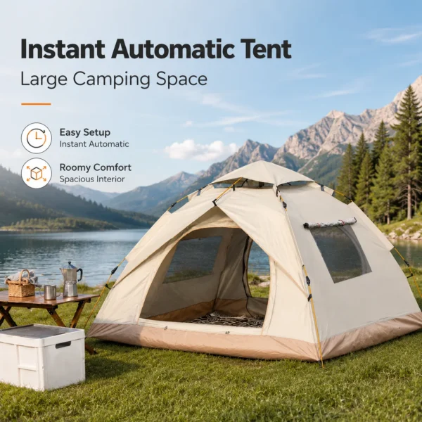 Automatic pop up tent for four people set up on grass with front door rolled open