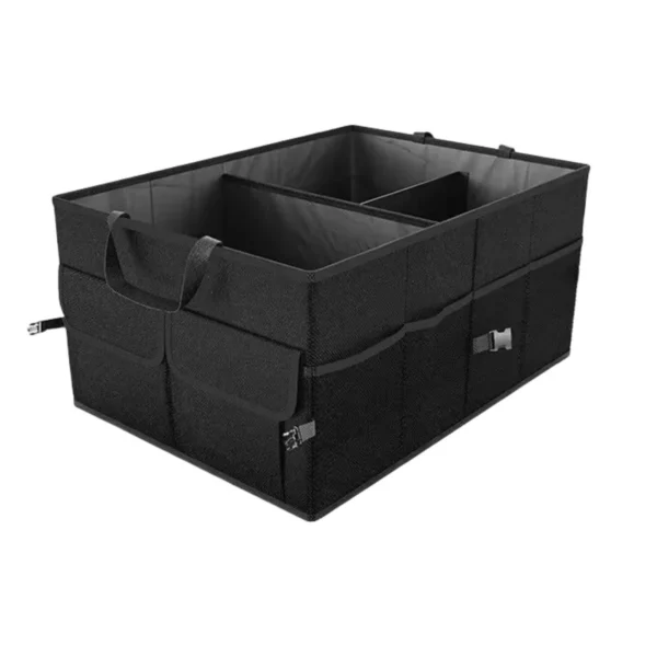 Collapsible car storage box in a car trunk holding repair tools and supplies