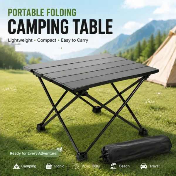 Carbon steel side table with black egg roll top and folding frame placed beside a camp chair