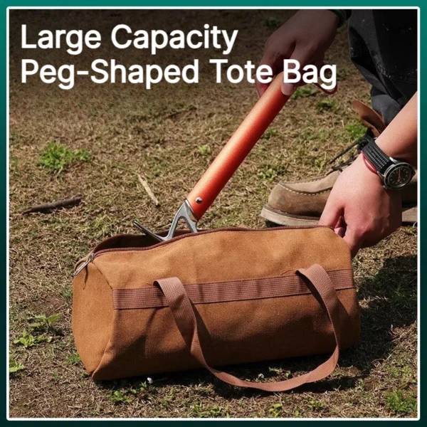 Khaki canvas tent stake bag cylinder pouch with webbing handles holding tent pegs and a mallet