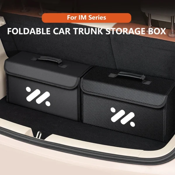 Foldable leather trunk organizer in carbon fiber finish open in an IM vehicle trunk