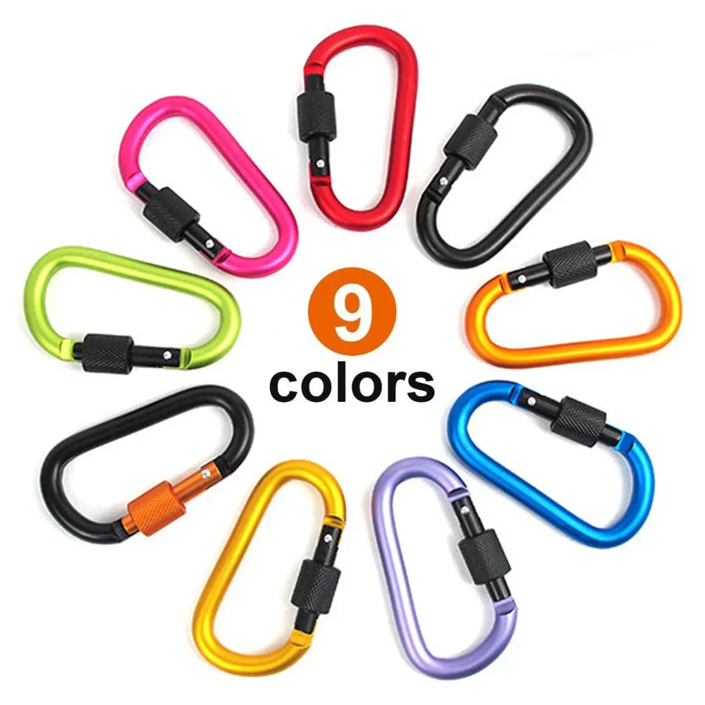 D Ring Keychain Clips Aluminum Carabiner Hooks 5 or 10 Pack 1 Pile of colorful d ring keychain clips in orange, blue and red aluminum with spring gates