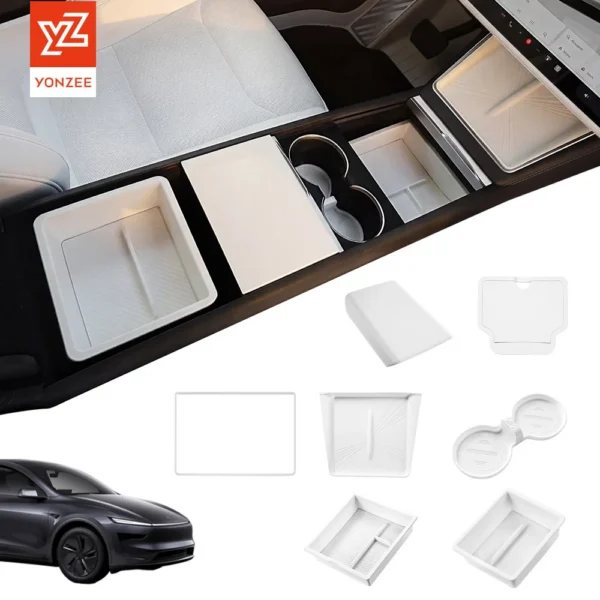Center console organizer set in white installed in a Tesla Model Y Juniper console