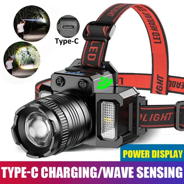 LED sensor headlamp four pack with adjustable headbands laid out on a camping table