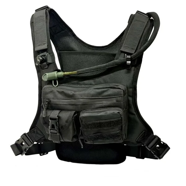 Hydration vest with bladder in black nylon shown with 2.0L water bag and adjustable chest straps