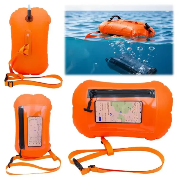 Swim buoy dry bag floating on a lake with a phone visible through its touchscreen window