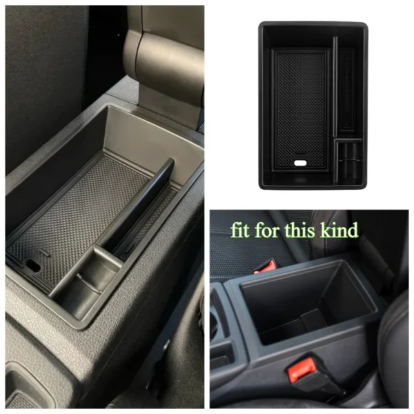Black console armrest organizer tray with phone and keys inside an Audi Q3 Sportback armrest box