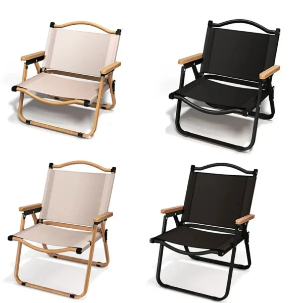 Carbon steel camping chair with wood grain design in khaki set up beside a tent
