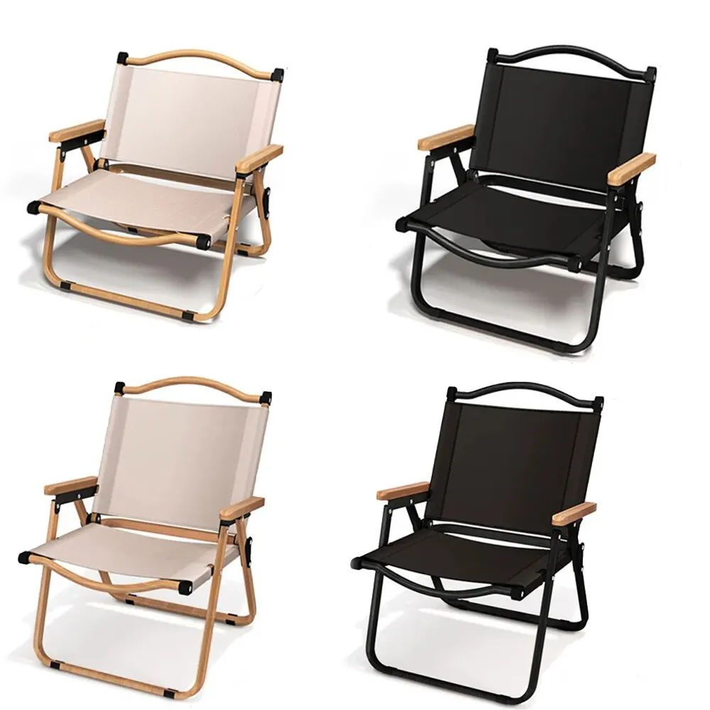 Carbon Steel Camping Chair with Wood Grain Design, 1 or 2 Pack 1 Carbon steel camping chair with wood grain design in khaki set up beside a tent