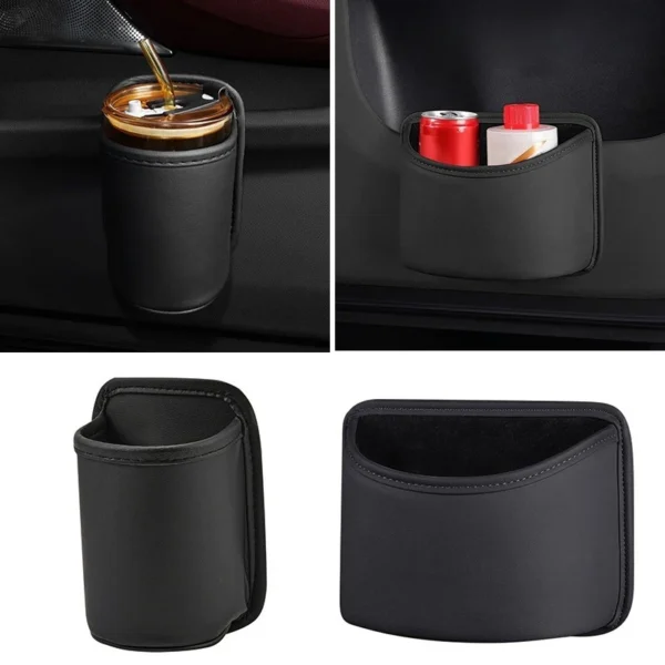 Black PU leather car cup holder box clipped to a car door holding a coffee cup