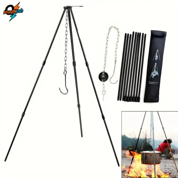 Campfire cooking tripod with a pot hanging from its chain over a burning bonfire