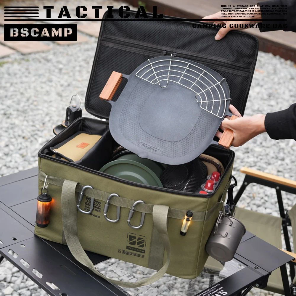 Camping Cookware Storage Bag, 30L to 56L with MOLLE Webbing 1 Camping cookware storage bag in khaki with MOLLE webbing, open to show padded dividers inside