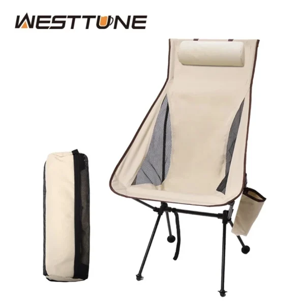 WESTTUNE camping chair with headrest in beige with aluminum frame set up outdoors