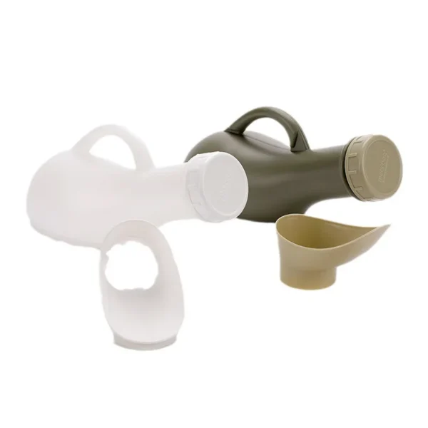 Portable urinal bottle with leak proof lid, handle and female funnel attachment