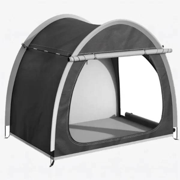 Bicycle storage tent set up as a portable folding shelter covering a bike in a backyard