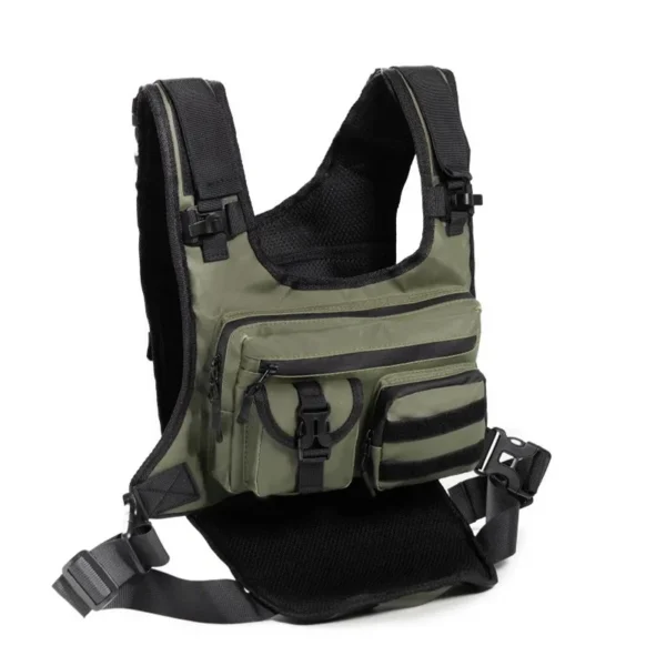 Tactical chest bag vest in khaki polyester with several front pockets and shoulder harness