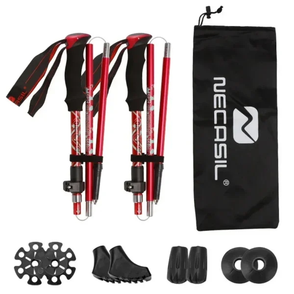 Foldable nordic walking poles pair in green with EVA grips, wrist straps and storage bag