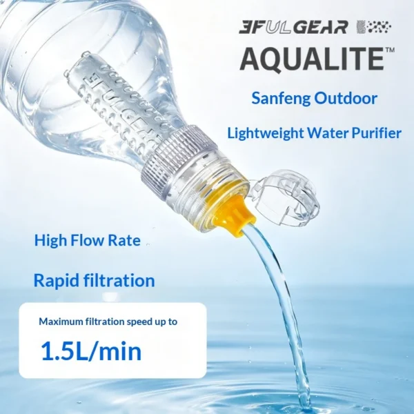 Bottle water filter screwed onto a standard water bottle with clear housing and adapter ring