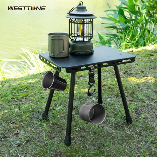 Aluminum tactical camping stool with laser-cut buckles and angled legs shown with its carry bag