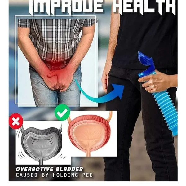 Blue collapsible travel urinal shown extended and folded next to a pee funnel