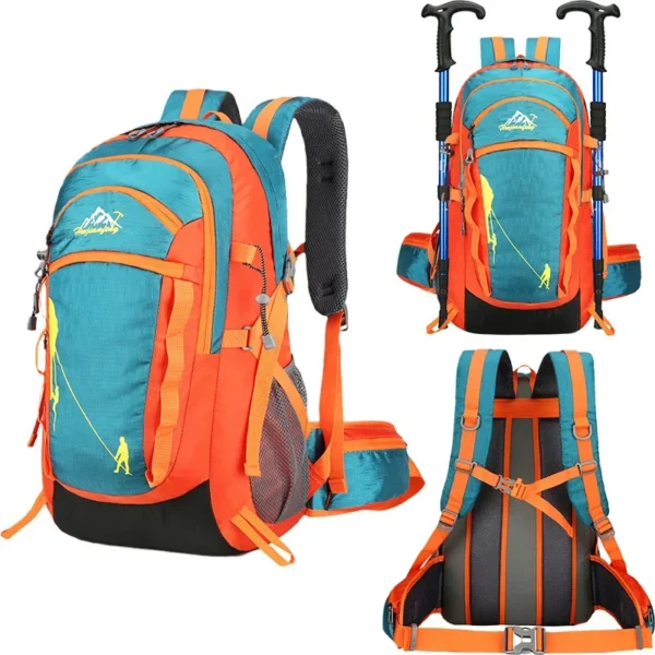35 liter mountaineering backpack in blue nylon with trekking pole holder and shoulder straps