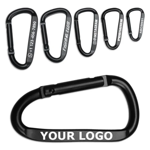 Personalized carabiner clips with white laser printed logos on colored D shape aluminum
