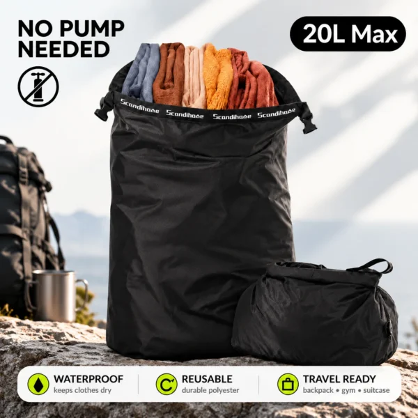 No pump compression sack in warm gray, pressed flat around folded clothes inside an open suitcase