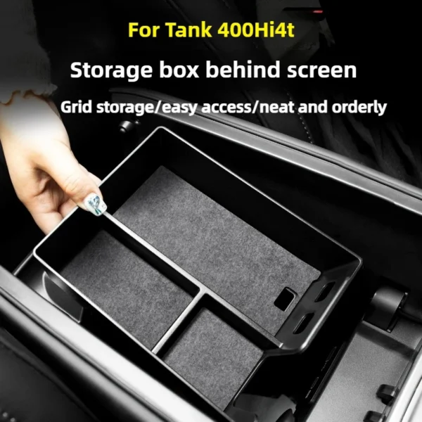 Black car interior storage kit with armrest organizer and behind screen box in a Tank 400