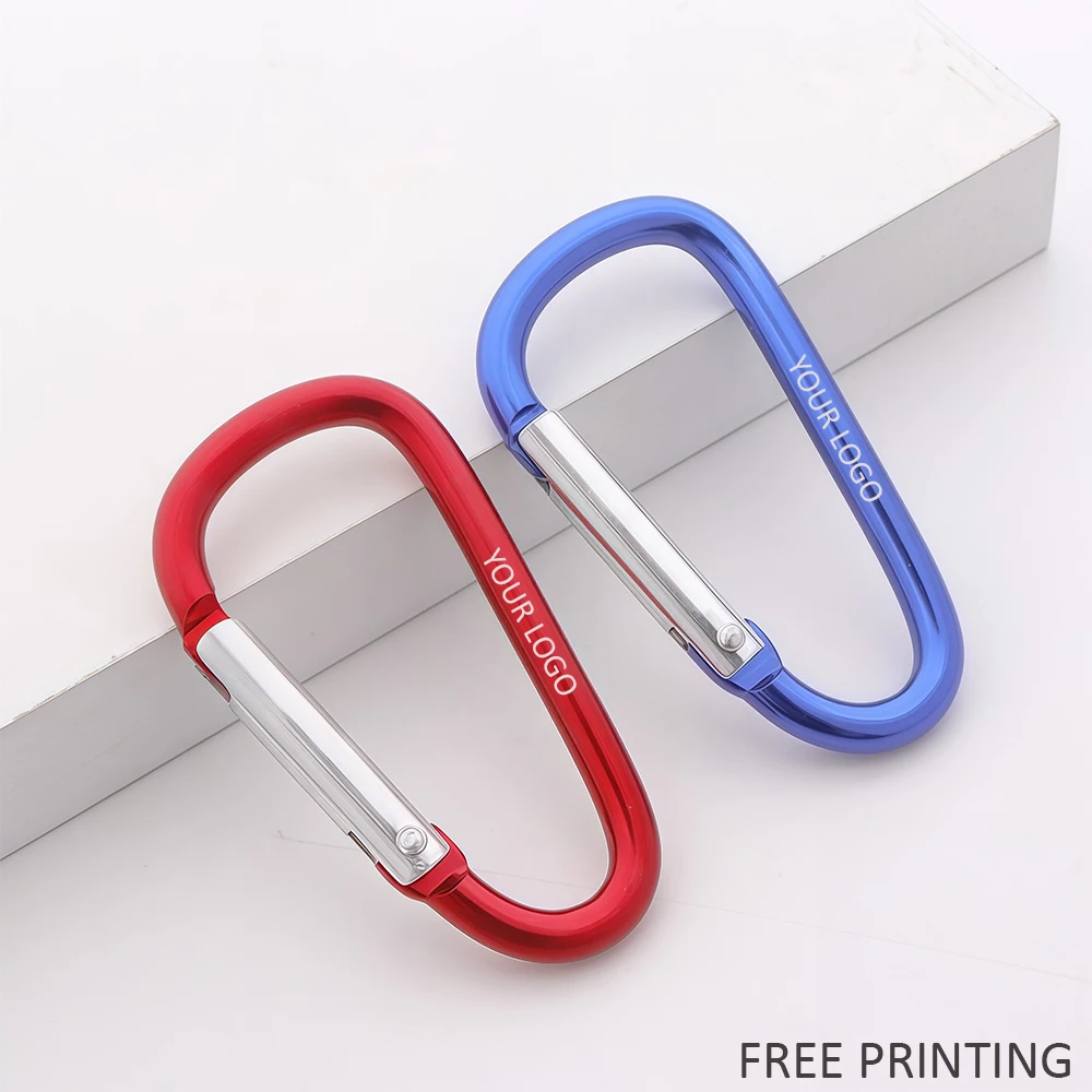 Spring Snap Carabiner Clips 7D Shape Aluminum Alloy 10 Pack 1 Ten spring snap carabiner clips in a 7D shape made of aluminum in orange, red, black and silver