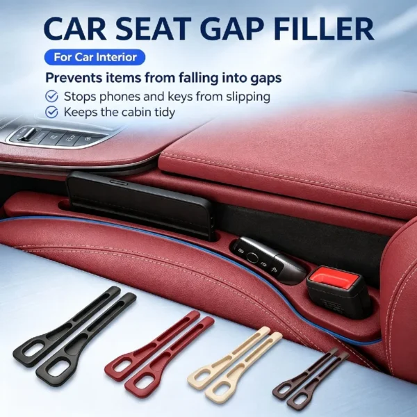 Car seat gap filler in black fitted between a car seat and the center console