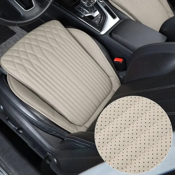 Leather car seat cushion with a curved 3D shape placed on a car driver seat