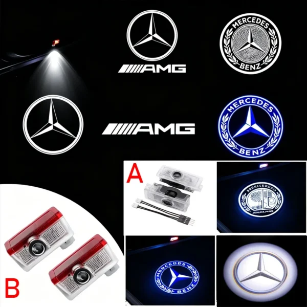 LED door projector lights shining a welcome pattern on the ground beside an open Mercedes-Benz door