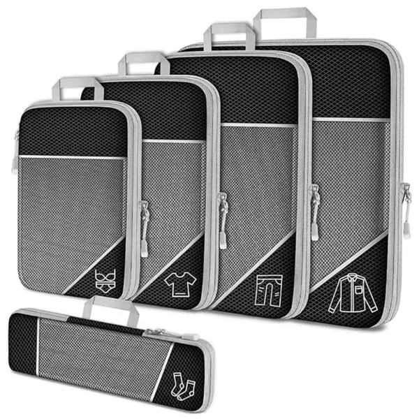 420D nylon compression cubes set with garment folders and mesh panels in gray in a suitcase