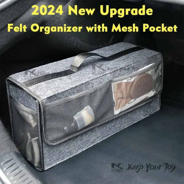 Felt trunk storage bag with mesh pockets holding boots and supplies in a car trunk