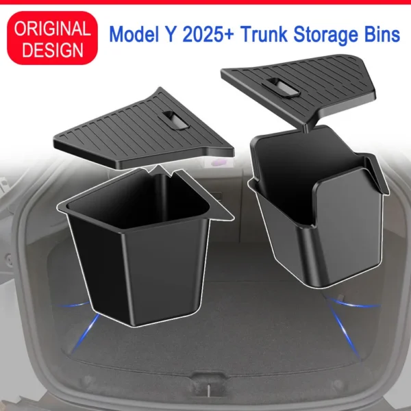 Trunk side storage bins in TPE fitted into the side pockets of a Tesla Model Y Juniper trunk
