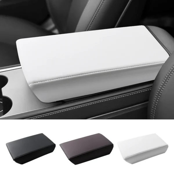 White armrest box protective cover in suede leather on the center console of a Tesla Model Y