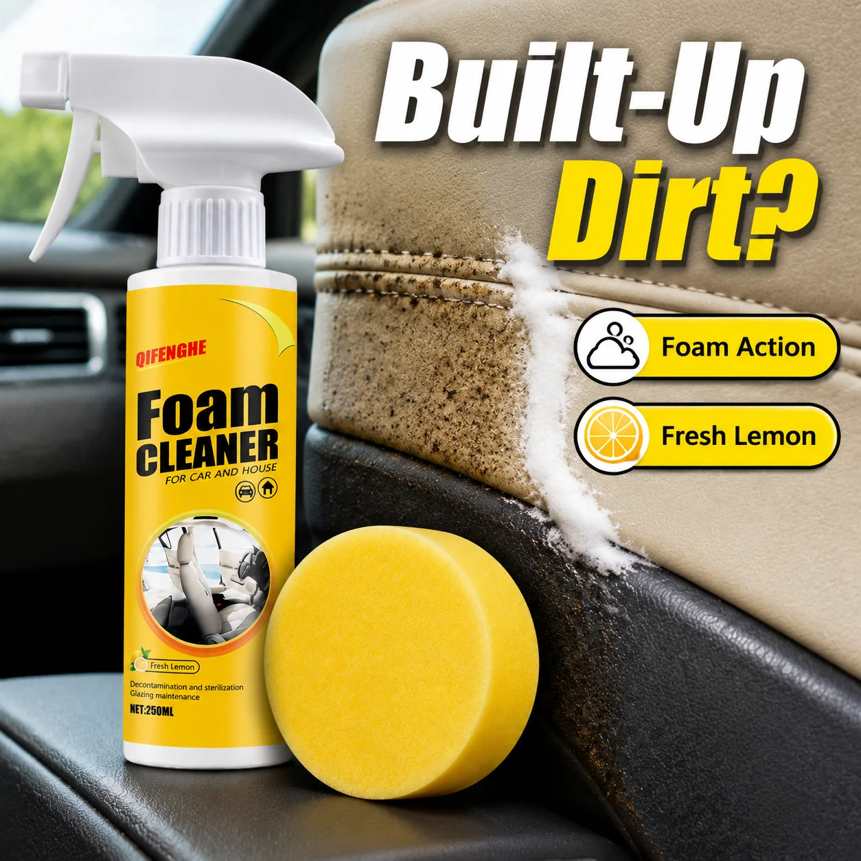 Lemon Foam Cleaner Spray 250 ml for Car and Home with 2 Sponges 2 Lemon Foam Cleaner Spray 250 ml for Car and Home with 2 Sponges - view 2