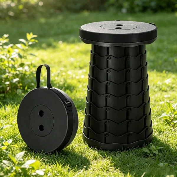 Telescopic folding stool extended to seating height at an outdoor campsite