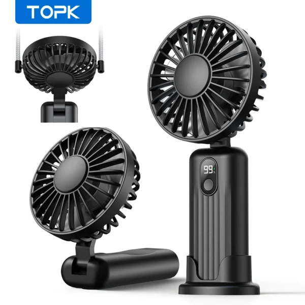 Rechargeable hand neck fan in pink shown as handheld, neck worn and standing fan