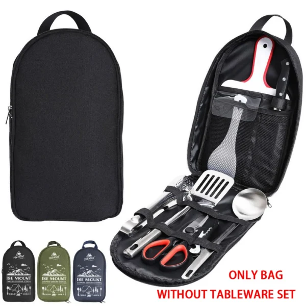 Navy blue camping utensil storage bag hanging from a tree with kitchen tools in its pockets