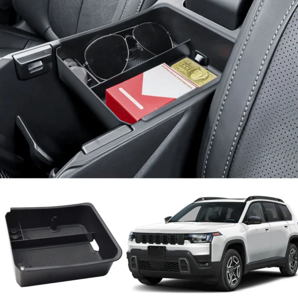 Black ABS console organizer tray installed in the center armrest of a 2026 Jeep Cherokee