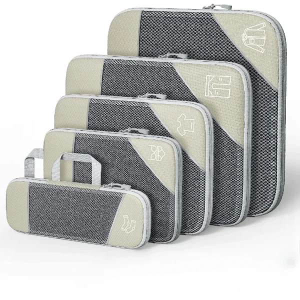 Mesh window packing cubes 5 piece set in gray with a shoe bag, packed with folded clothes