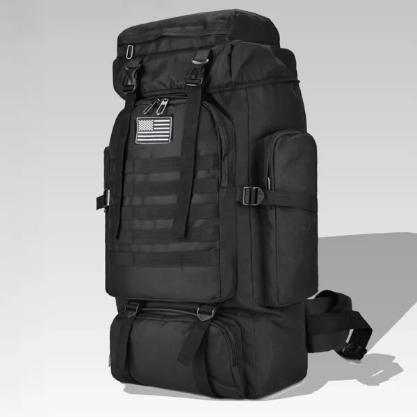 Large mountaineering backpack in camouflage with MOLLE webbing and multiple zip compartments