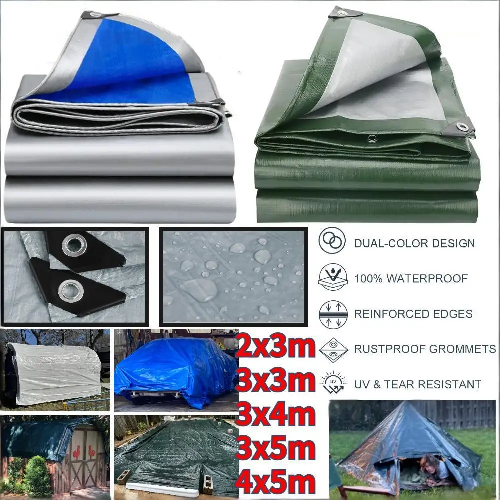 Waterproof Camping Tarp PE Rain Cover from 2x3m to 4x5m 1 Waterproof camping tarp in green rigged as a rain cover over a campsite picnic area